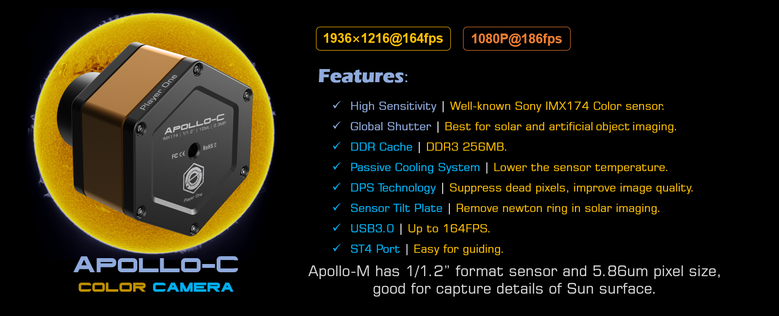 Player One Astronomy Apollo-C (IMX174)USB3.0 Color Camera