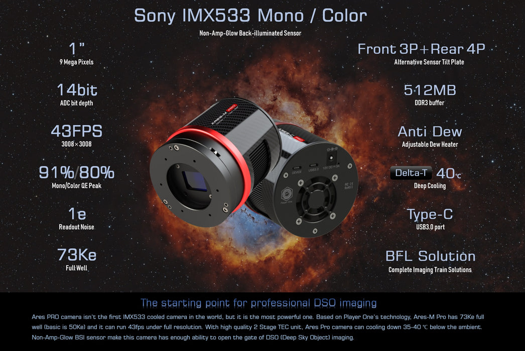 Player One Astronomy Ares-M Pro USB3.0 Monochrome Camera