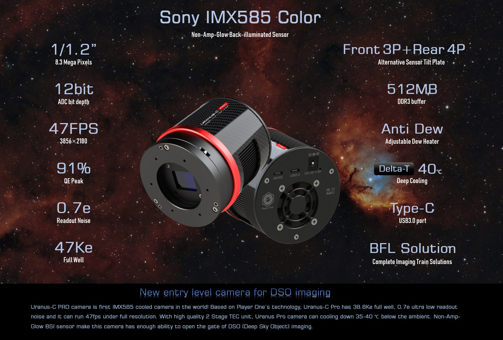 Player One Uranus-C Pro (IMX585)USB3.0 Cooled Color Camera – Astroworld  Telescopes