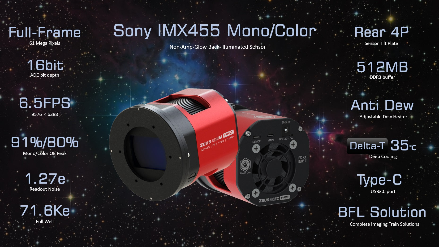 Player One ZEUS 455M PRO Camera | USB3.0 Mono Cooled Camera ...