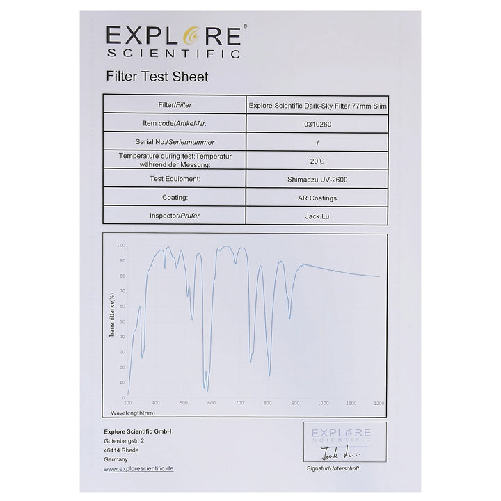 Explore Scientific Dark-Sky Filter 77mm Slim